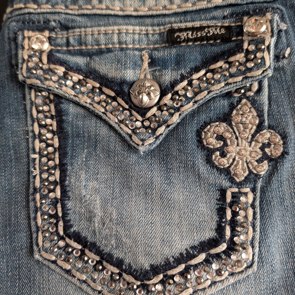 Miss Me Blue Straight Leg Jeans with Embellished Pockets - Picture 3 of 9